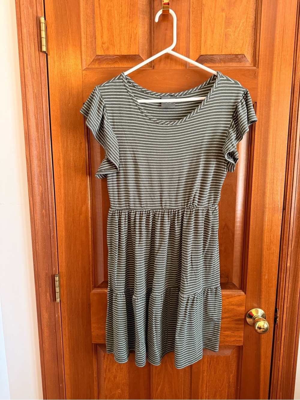Olivia Rae Olive Green & White Striped Ruffle Sleeve Dress